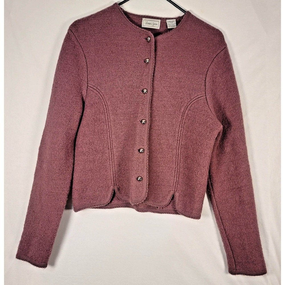 Laura Jean Sweater Womens 7/8 Mauve 100% Wool Scalloped Hem Cardigan Old‎ Money